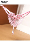 Love Heart Pearl Massuge Lace Thong Low Waist Transparent Sexy Underwear G-String Fashion Women Lingerie Panties Briefs