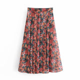 Elegant Vintage Green Long Skirt High Waist Print Skirt Seaside Holiday Pleated Skirt Split Elegant Floral Skirt