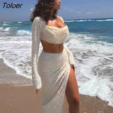 Sexy Pearl Skirt Sets Women 2023 Flare Sleeve Crop Tops and Long Split Skirts Lady Suits Party Clubwear 2 Piece Set