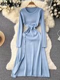 Knit Split Dresses for Women's Spring High Waist Buttons Slim Dresses Autumn Ladies Casual Mid-Calf