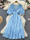 Summer White/Green/Pink New Lace Embroidery Dress Women Puff Sleeve Dresses Female Vintage Party Beach Maxi Long