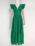 TWOTWINSTYLE Vintage Cut Out Midi Dress For Women V Neck Flying Sleeve High Waist Solid Midi Long Dresses Female Clothing