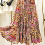 2023 Bohemian Style Retro Print Skirts Women Elastic Waist Big Hem Chic Chiffon Pleated Skirts Long Casual Beach