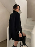 Women Black Striped Printed Stitch Long Blazer New Lapel Long Sleeve Loose Fit Jacket Fashion Spring Autumn 2023