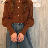 Korean Yellow Knitted Cardigan Women 2023 Autumn O Neck Lantern Long Sleeve Sweaters Woman Single-breasted Women's