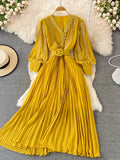 Red/Yellow/Black Embroidered Pleated Long Dress Vintage V-Neck Lantern Sleeve High Waist Draped Maxi Vestidos Female 2022