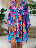 Bohemian Women Dresses Summer Long Sleeve Button Loose Mini Dress Big Swing Boho Dress Printed Vestido 425-1-Outfit