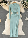 Autumn Knitted Dress Women Long Sleeve Elastic Waist Split Sweater Dress Ladies Party Sexy Warm Bodycon Maxi Long