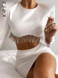 2021 Satin Long Sleeve Crop Top Women White Autumn Winter Sexy Diamond Elegant T Shirts Fashion 90s Vintage Casual O