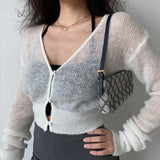 Korean Sexy See Through Cropped Cardigan Women Thin Hollow Out Knitted Cardigans Long Sleeve V-neck Sweater Crop