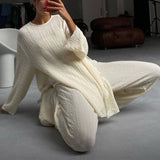 Crepe Split Wide Leg Pants Set Women Elegant Loose Long Sleeve O-Neck Top Pants Suit Female 2022 Spring Lady Fashion