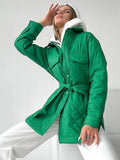Winter Casual Loose Argyle Jackets Women Fashion Thick Warm Long Coats Elegant Tie Belt Cotton Padded Outerwear