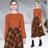 Winter Runway Fashion 2 Piece Set Women O-Neck Knitted Pullover Sweater + Vintage Plaid Wollen Big Swing Midi Skirt