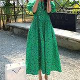Casual Vestidos Floral Dresses Ladies Short Sleeve Retro Print Long Dress Female 2023 M-4XL Loose Green Women Dress