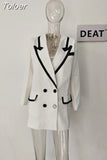 Fashion Women's Jacket Loose Notched Collar Full Sleeve Double Breasted Black Stripe White X-long Blazer 2023 New