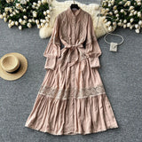 High-End Retro Lace Splicing Pearl Single Buckle Thin Temperament Collar Lantern Sleeve