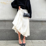 Fashion Beige Satin Skirts For Women Elegant High Waist Office Lady Ankle-Length Skirt Casual Loose Skirt Female