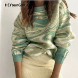 Print Vintage Elegant Knitted Sweaters Womens Autumn Winter Long Sleeve Green Jumpers Fashion Y2K Casual