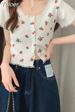 Knitted Cardigan Crop Top Women Summer 2023 Floral Lace Patchwork Shirt Single Breasted Cute T Shirts Short Sleeve