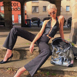 Sisterlinda Sexy Punk Y2K Black PU Leather Crop Top Womens Sleeveless Deep V Neck Backless Camisole Fashion Party Club
