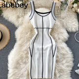 Women Knitted Strap Dress Korean Sleeveless Slim Pencil Dresses V Neck Sexy Off Shoulder Bodycon Short