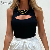 Khaki Knitted Women Hollow Out Ribber Slim Mini Crop Tops 2021 Summer Sexy Club Cut Out Tank Tops Basic Camis Vest