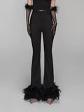 Black Flare Pants For Women High Waist Solid Minimalist Patchwork Feathers Hem Trousers Female Spring Clothing