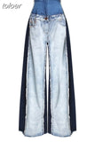 Casual Denim Patchwork Women Trousers High Waist Hit Color Large Size Wide Leg Pants Female Fashion Autumn 2023