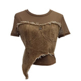 Solid Shooting Denim Splicing Mesh Yarn Short-Sleeved T-Shirt Summer Dress Irregularly Short High-Waist Repair Body Coat