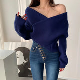 Party Sannian Korean Autumn And Winter Women's Sweater V-neck Cross-shoulder Loose Long-sleeved Knitted Sweater Female Clothes