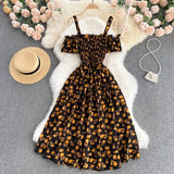 Summer Sexy Slash Neck Spaghetti Strap Midi Dress Women Casual Off Shoulder Short Sleeve Vacation Beach Robe Female