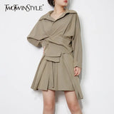 Asymmetrical Casual Skirt Suit For Women Lapel Long Sleeve Ruched Shirt High Waist Pleated Mini Skirts Female