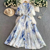 Retro-Print Collar Bubble-Sleeved Dress Women's Summer Straps To The Waists To Show A Thin Swollen