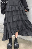 Black Long Skirts Women Gothic High Low Ruched Ruffle High Waist Asymmetrical Midi Skirt Korean Fashion Fairy