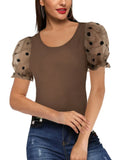 Sweet U-Neck Puff Sleeve Dot Print Regular