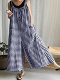 2022 Summer Fashion Women Vintage Plaid Long Jumpsuits Wide Leg Pants Sleeveless Casual Loose Playsuits Bohemian