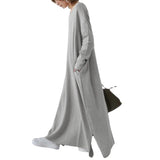Women Spring Simple Casual Knitted Long Sleeve Sexy V-neck Large Hem Streetwear Loose Vestido De Mujer Maxi Long