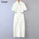 ZBZA Women 2023 Shirt Dress Women Waist Cut-out Midi Dress Fashion Design Sexy Elegant Femme Vestidos