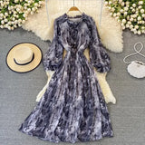 Autumn Women Printed Long Dress Vintage Ruffle Stand Collar Puff Sleeve High Waist Elegant Maxi Robe Female Big Swing