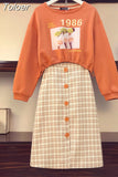 Vintage Printed Drawstring Long Sleeve Sweater Plaid Stitched Button Short Skirt Two Piece Set Elegant Women's Skirt