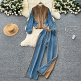 Suit Women's Port Wind Casual Colliding Color Splicing Collar Zipper Fake Two-Piece High-Waisted Cowboy Broad Leg