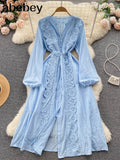 2022 Autumn New Lace Embroidery Dress Women Long Sleeves Dresses Female Vintage Party Beach Maxi Long