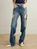 Toloer Casual Advanced Sense Straight Pants Spring 2024 New High Waist Hollow Design Sense Of Women's Jeans-Outfit
