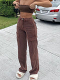 Rockmore Brown Vintage Baggy Jeans Women 90s Streetwear Pockets Wide Leg Cargo Pants Low Waist Straight Denim Trousers