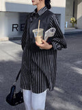 Women Green Striped Big Size Long Blouse New Lapel Long Sleeve Loose Fit Shirt Fashion Tide Spring Autumn 2023