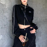Grunge Zip Up Hoodie Streetwear Women Korean Fashion Casual Slim Sweatshirts Striped Black Long Sleeve Cropped