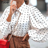 Office Lady White Blouse Shirt Women Polka Dot Lantern Sleeve Women Blouses Tops Oversized Loose Female Shirt Blusas