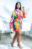 Printed Casual Turn-down Collar Long Sleeve Tie Dye Loose Shirt Plus Size Two Piece Short