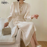 irregular solid color O-neck women's silk robe slim fit waist elegant ladies dress spring retro loose Mujer