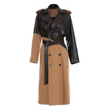 Women Khaki Pu Leather Big Size Long Trench New Lapel Long Sleeve Loose Fit Windbreaker Fashion Spring Autumn 2023